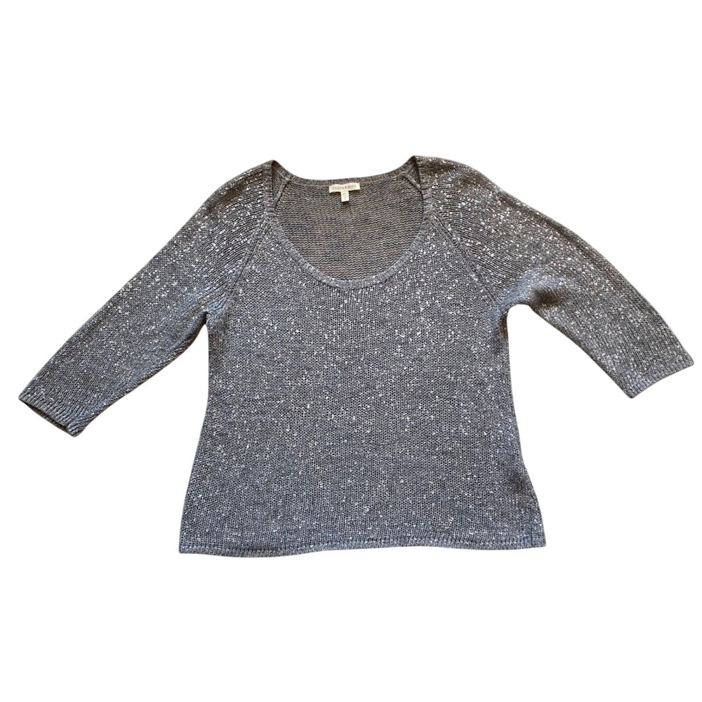 Eileen Fisher Grey Metallic Linen Blend Scoop Neck 3/4 Sleeve Sweater Medium